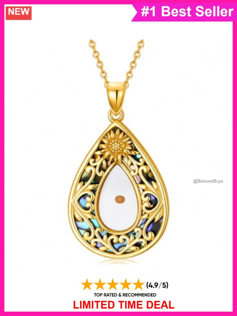 Gold Plated Mustard Seed Sunflower Abalone Pendant Necklace Christian